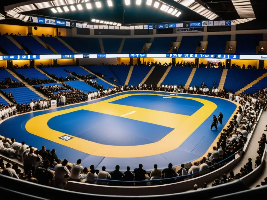 Intenso combate de JiuJitsu en los Campeonatos Mundiales JiuJitsu Prestigiosos, con una multitud entusiasta observando la acción en la arena llena