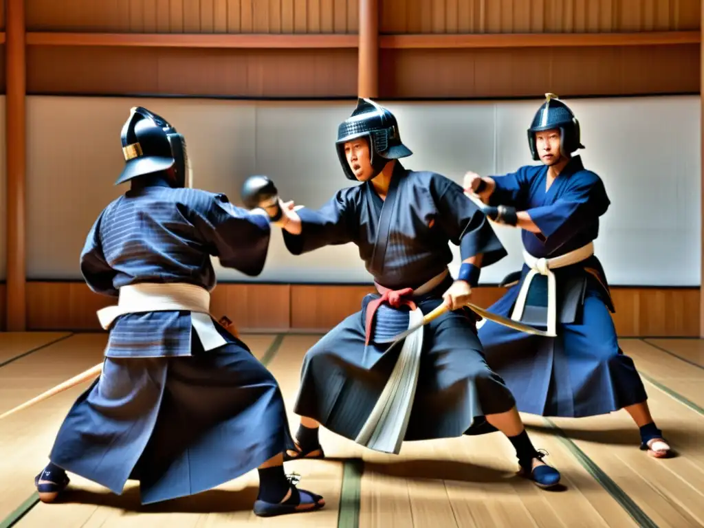 Intenso combate de kendo en un dojo tradicional, reflejando la relevancia cultural del Kendo en Japón