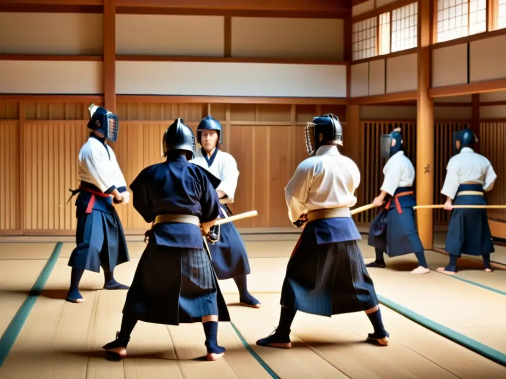 Un intenso combate de kendo en un dojo japonés, capturando la disciplina y respeto en la práctica del kendo