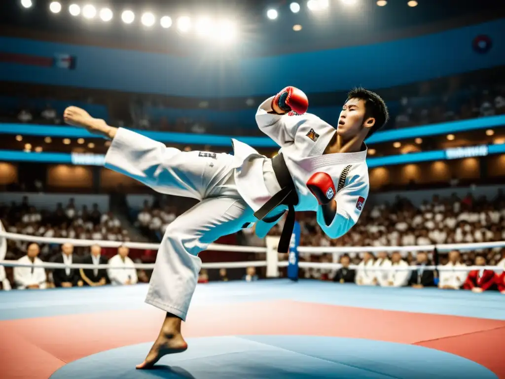 Intenso combate de Taekwondo con atletas ejecutando una patada perfecta en el aire, capturando la energía y enfoque del evento