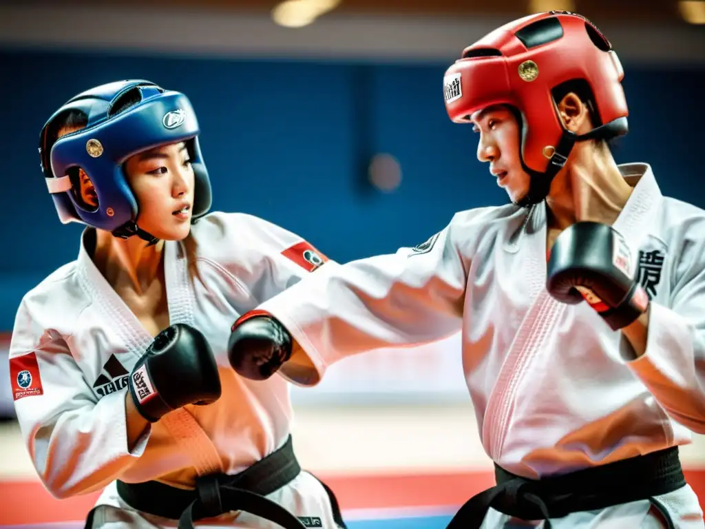 Intenso combate de Taekwondo muestra reglas y puntuación en acción, con atletas determinados y público emocionado