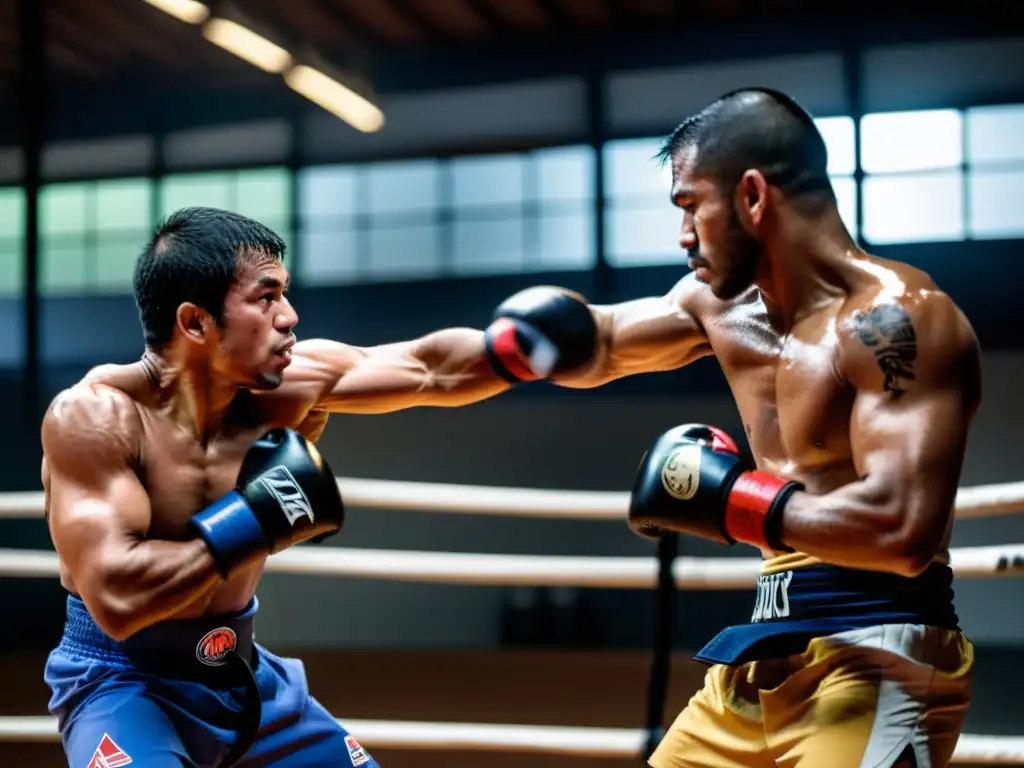 Intenso crosstraining entre practicantes de Brazilian JiuJitsu y Muay Thai en un gimnasio oscuro