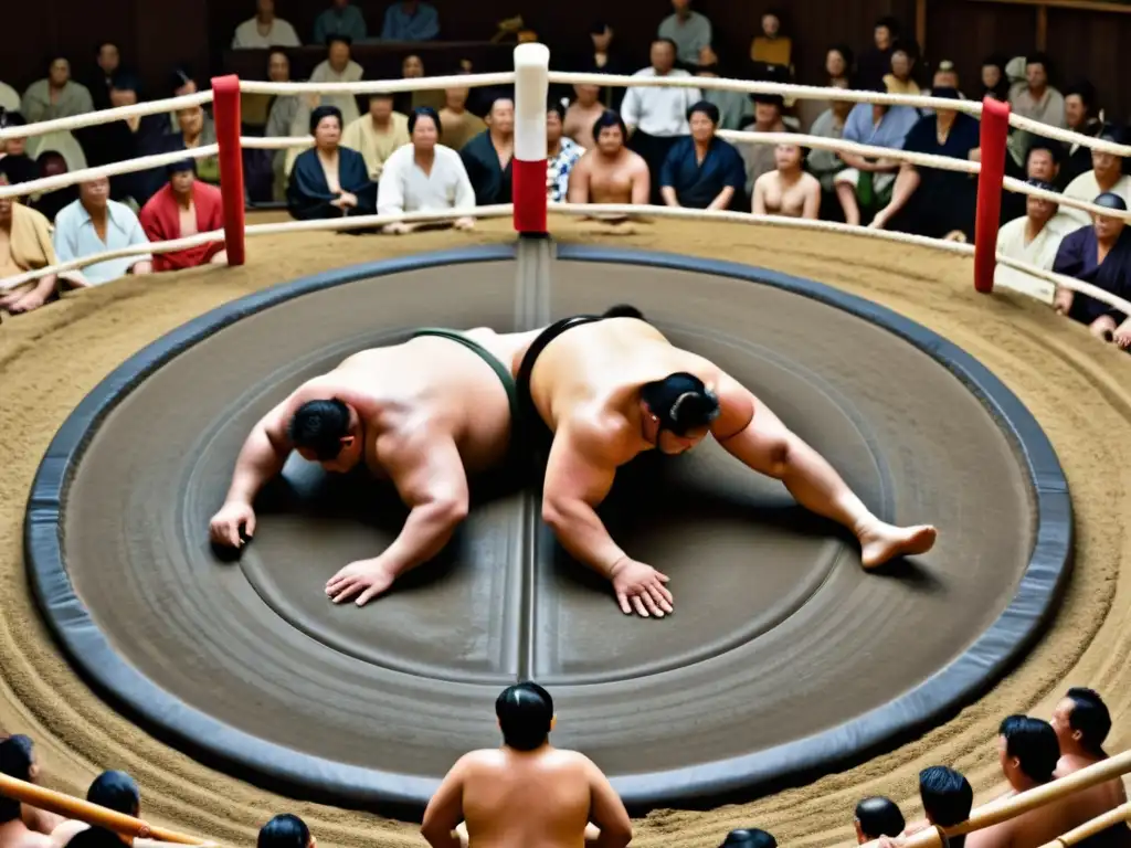 Intenso enfrentamiento de luchadores de sumo en el dohyo, reflejando tradición y cambio social en Sumo en Japón