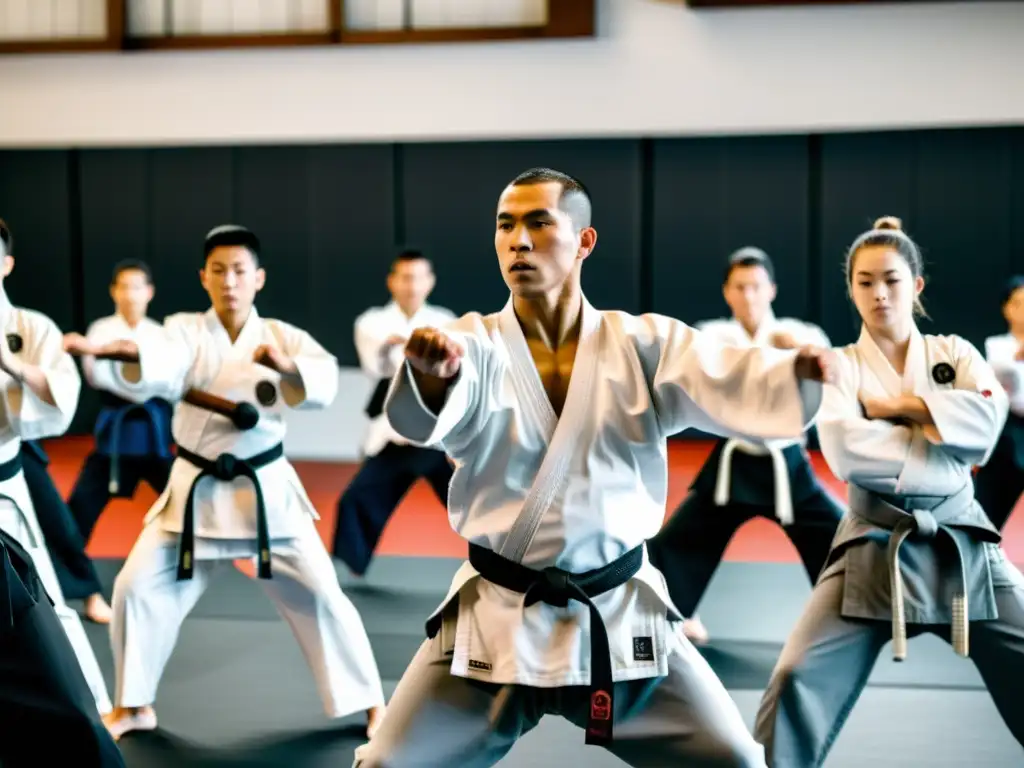 Intenso entrenamiento de artes marciales en un dojo tradicional, con maestro y estudiantes concentrados en movimientos precisos