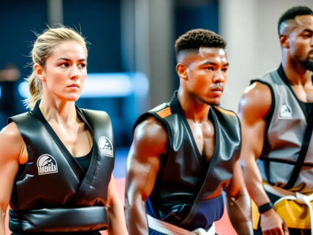 Entrenamiento de artes marciales con chalecos de peso Un intenso entrenamiento de artes marciales con chalecos de peso, donde los artistas muestran determinación y fortaleza