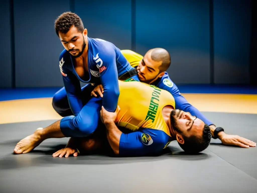 Un intenso entrenamiento de grappling BJJ con atletas usando rashguards oficiales, mostrando habilidad y determinación