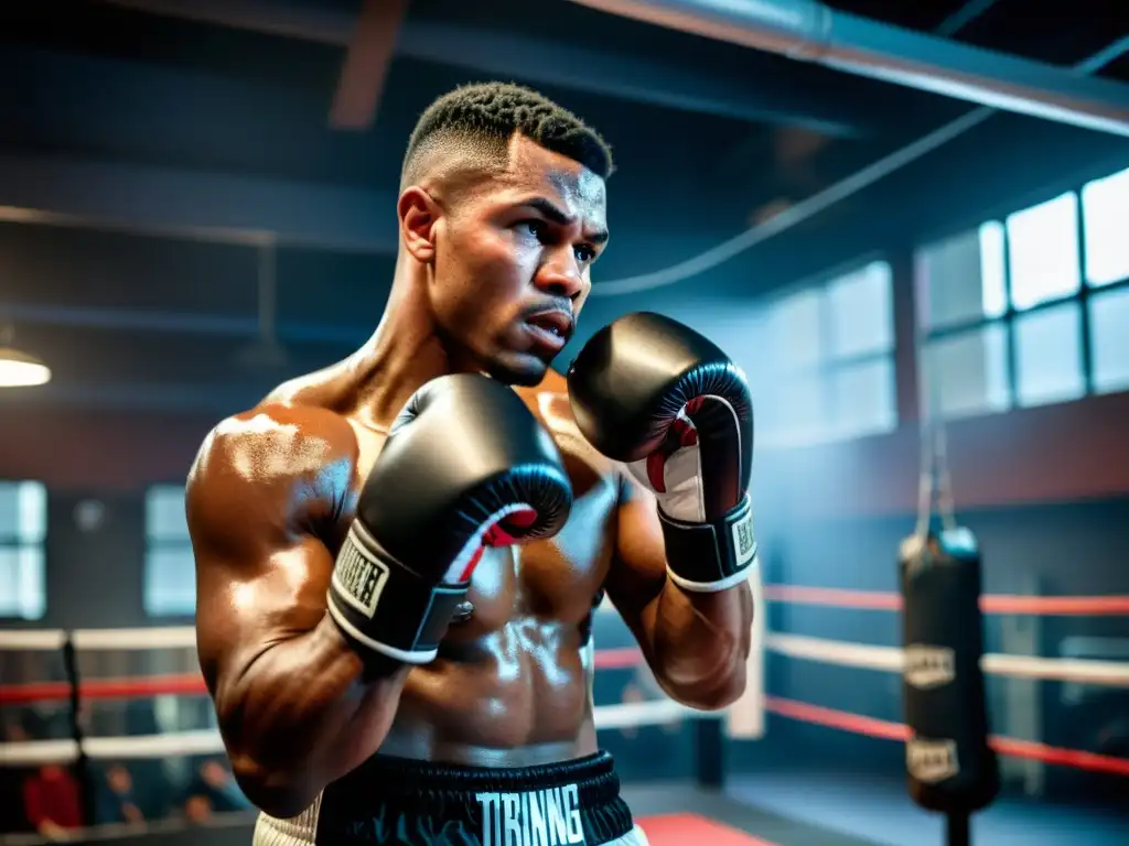 Un intenso entrenamiento de boxeo en un gimnasio urbano, con el boxeador mostrando determinación y pasión