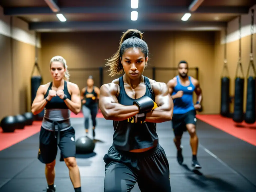 Un intenso entrenamiento en circuito para artes marciales, con atletas sudando y concentrados en superar desafíos físicos