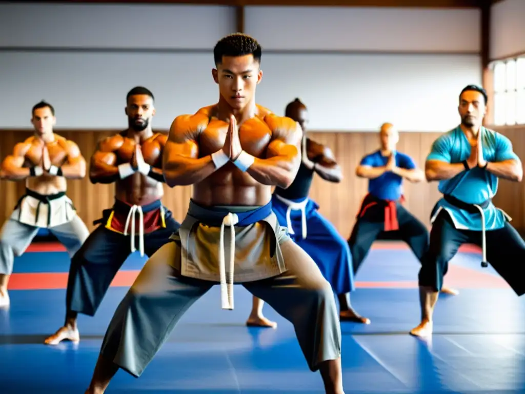 Un intenso entrenamiento en circuito para artes marciales en un dojo tradicional, con practicantes enfocados y disciplinados