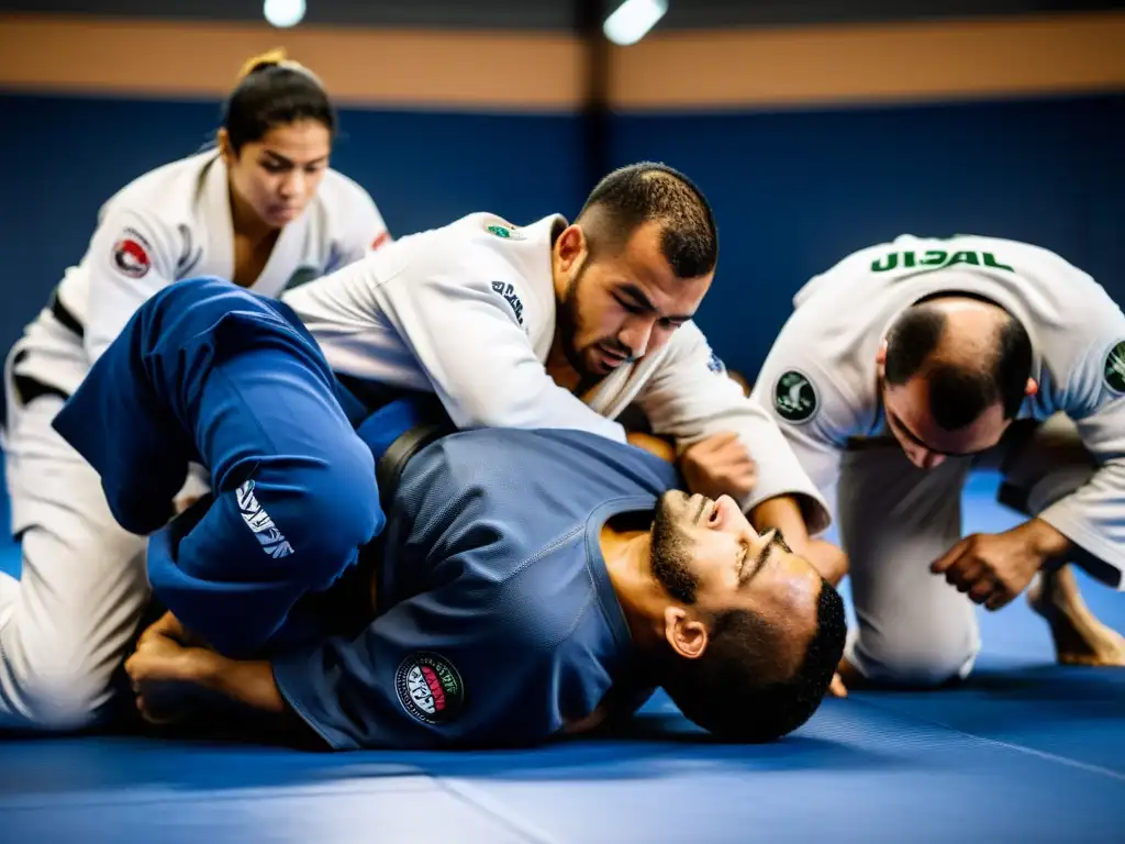 Un intenso entrenamiento de Clínicas intensivas JiuJitsu Brasileño en Brasil, con atletas sudorosos y determinados en un ambiente especializado