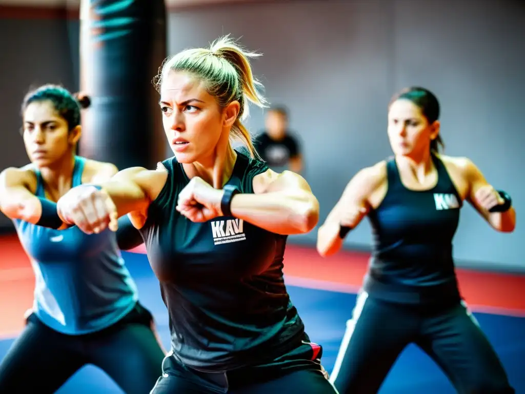 Un intenso entrenamiento de Krav Magá, destacando la determinación y energía de los practicantes en la defensa contra ataques armados