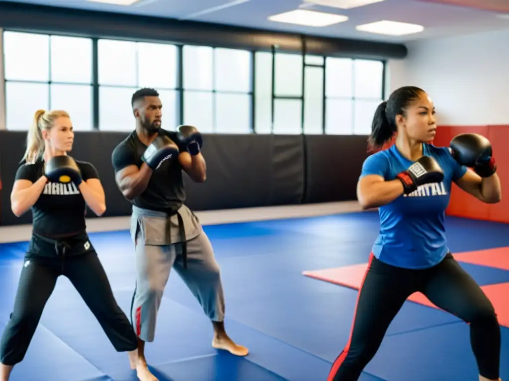 Intenso entrenamiento funcional de artes marciales en una clínica, con enfoque y determinación en los rostros de los participantes