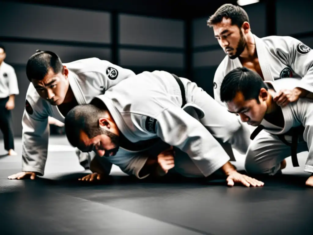 Un intenso entrenamiento de JiuJitsu Brasileño en un gimnasio, capturando la disciplina y energía del arte marcial