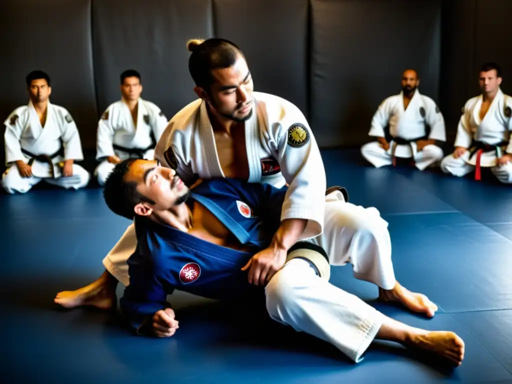 Un intenso entrenamiento de JiuJitsu Brasileño en un dojo tradicional, con expresiones enfocadas y movimientos dinámicos