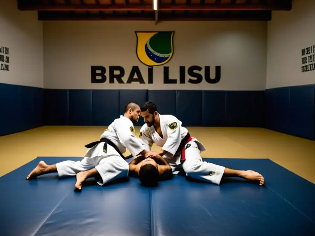 Un intenso entrenamiento de JiuJitsu Brasileño en un gimnasio espacioso y tenue