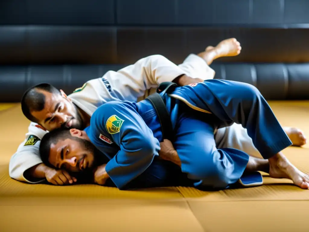 Un intenso entrenamiento de JiuJitsu Brasileño en alta resolución, con atletas enfocados y expresiones serias