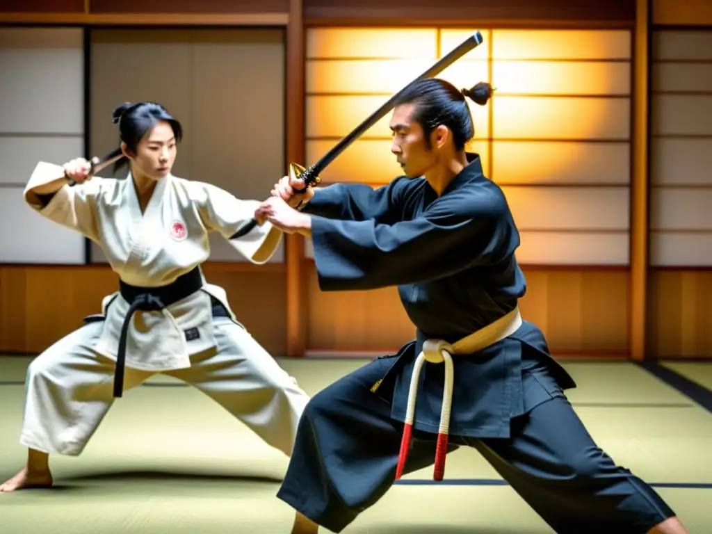 Intenso entrenamiento de kenjutsu con espadas en un dojo japonés tradicional, envuelto en serena luz natural y concentración disciplinada