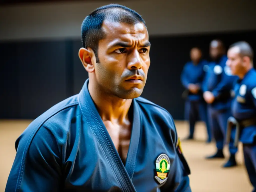 Intenso entrenamiento policial jiu-jitsu brasileño: instructor experto enseña técnica defensiva a oficiales disciplinados en ambiente de determinación