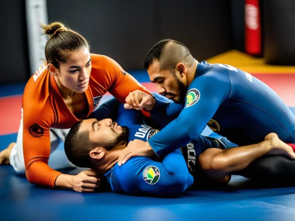 Un intenso entrenamiento de Brazilian Jiu-Jitsu con rashguards oficiales para grappling BJJ, resaltando la destreza y dinamismo de los practicantes