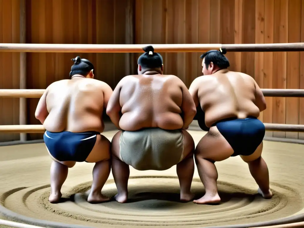 Entrenamiento de Sumo: Dedicación y Disciplina en Japón Intenso entrenamiento y rituales del Sumo en un establo tradicional en Japón, con luchadores sudorosos luchando en un ring de tierra