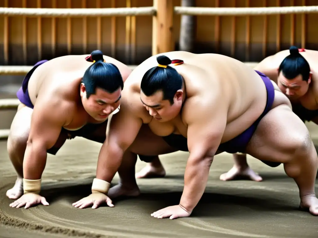 Intenso entrenamiento de sumo en Japón: Rikishi en práctica rigurosa, con disciplina y dedicación