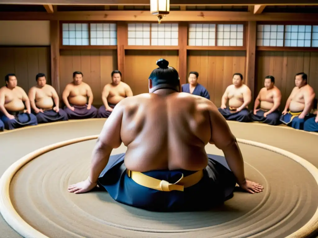 Intenso entrenamiento de sumo en Japón, rikishi practicando técnicas en dojo tradicional