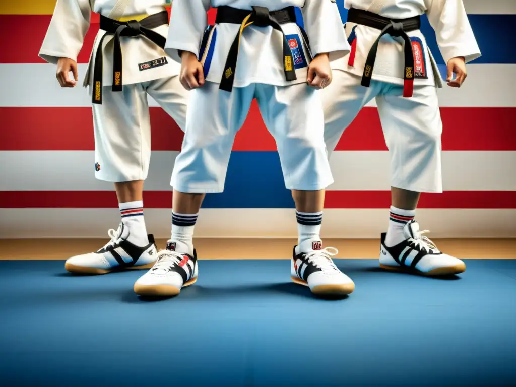 Intenso entrenamiento de Taekwondo en dojang con zapatillas oficiales para Taekwondo