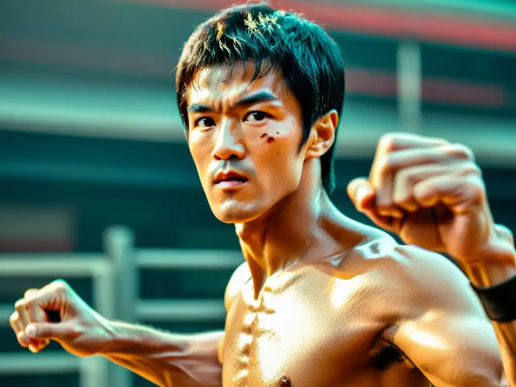 Bruce Lee: Poderoso golpe lleno de determinación Bruce Lee, en un intenso golpe, muestra la fuerza y concentración de las peleas icónicas del cine de artes marciales