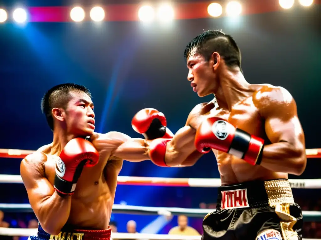 Intenso intercambio de golpes entre luchadores de Muay Thai, destacando la relación entre Muay Thai y artes marciales