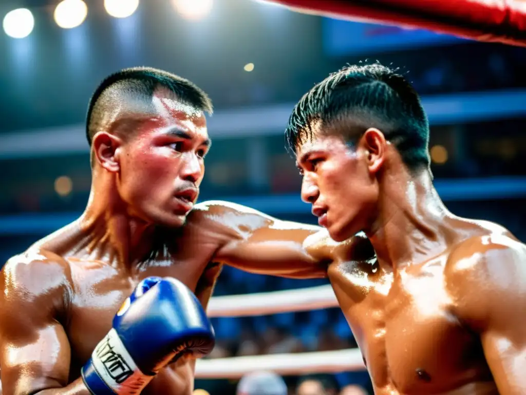 Intenso intercambio de golpes entre luchadores de Muay Thai, reflejando la disciplina y energía de la competición