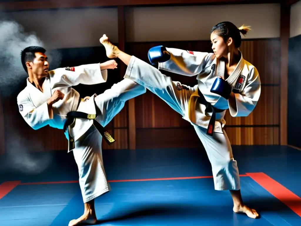 Intenso torneo de karate, con dos luchadores en combate feroz en el centro del dojo