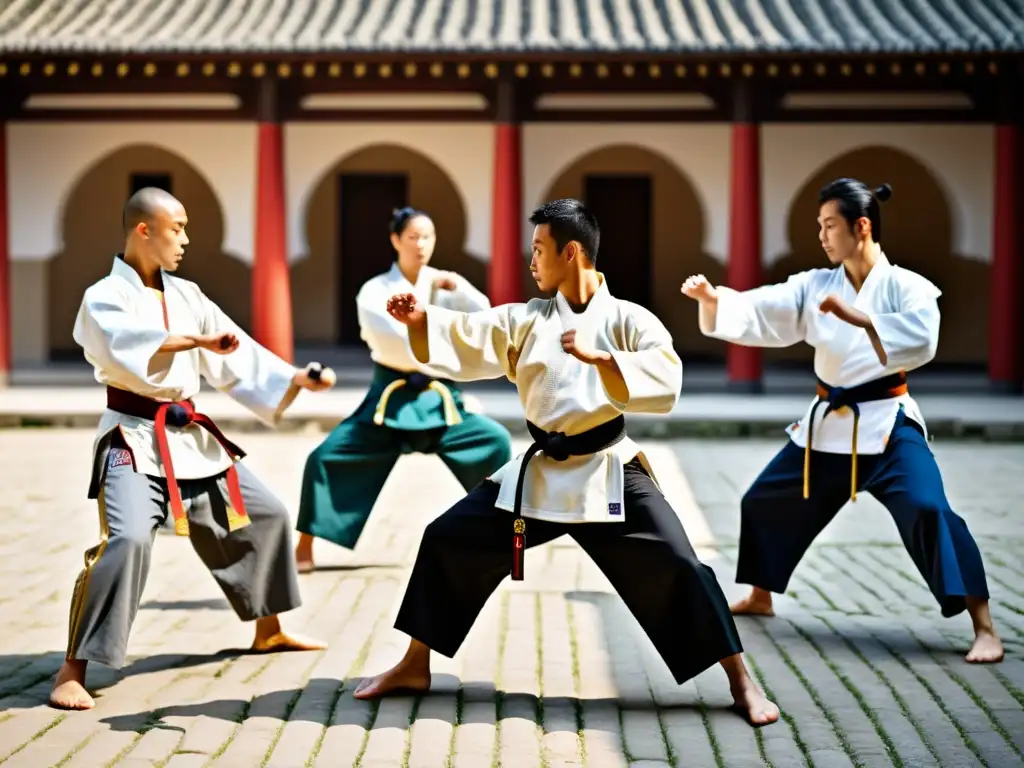 Intercambio de técnicas de artes marciales en un patio europeo histórico con practicantes demostrando formas diversas con intensa concentración