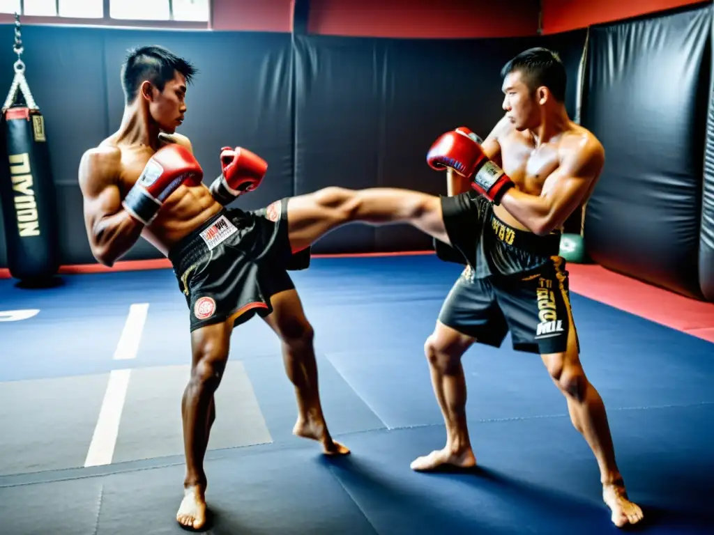 Intercambio de técnicas Muay Thai Kickboxing en un gimnasio tailandés, con movimientos dinámicos y gran intensidad