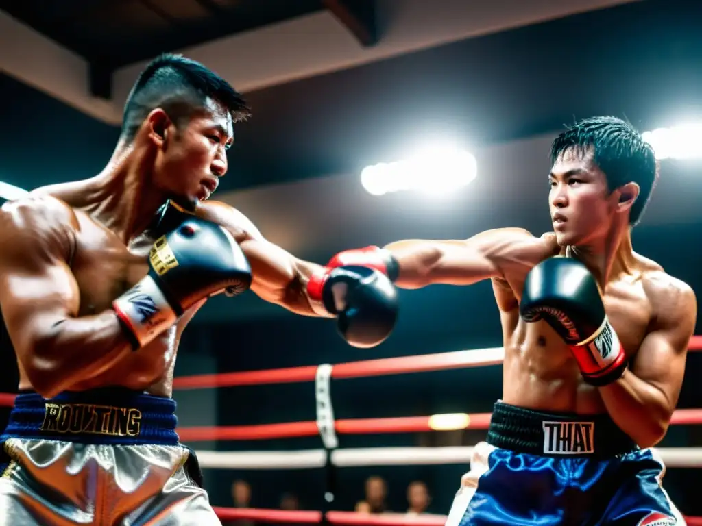 Intercambio técnicas Muay Thai Kickboxing: Intensa lucha entre practicantes en gimnasio atmosférico