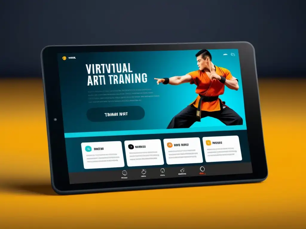 Interfaz de app de entrenamiento de artes marciales con videos instructivos, seguimiento de progreso y cita motivacional