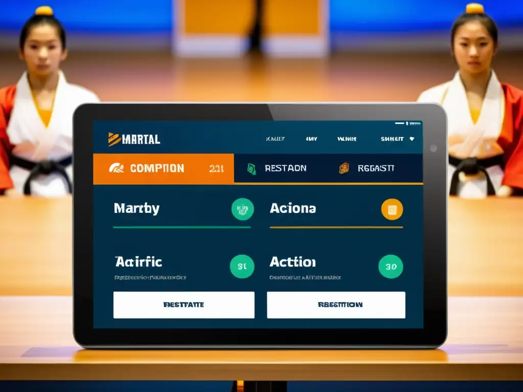 Interfaz moderna para inscripciones online campeonatos artes marciales, con atmósfera dinámica y competitiva