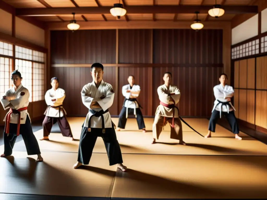 Interior cálido de un dojo de artes marciales con sensei y alumnos concentrados