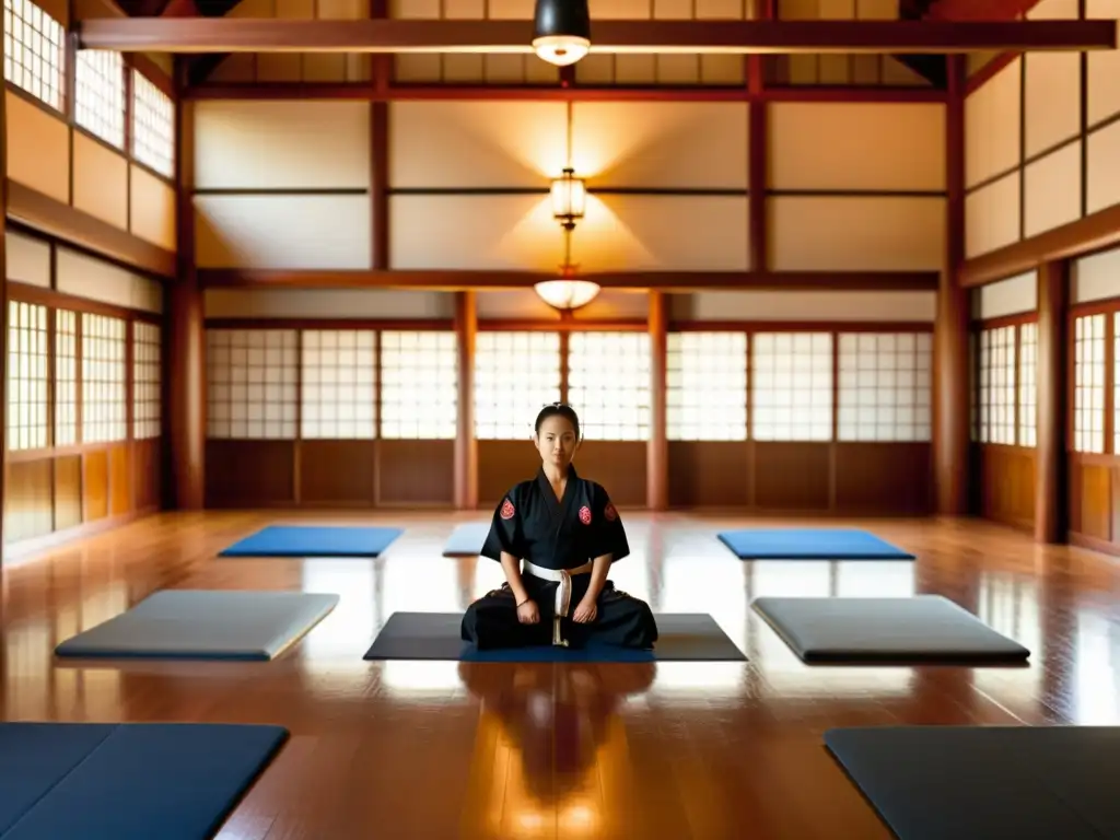 Interior de un dojo de artes marciales con estudiantes practicando bajo la guía de un sensei