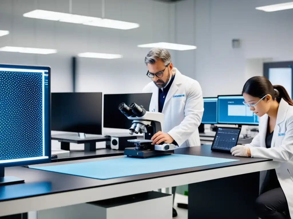 Investigadores examinan telas para ropa de entrenamiento climatizada en laboratorio tecnológico de alta precisión