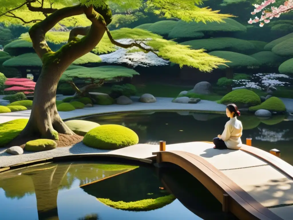 Un jardín Zen japonés con diseño intrincado, un estanque sereno, piedras cubiertas de musgo y una figura meditando bajo un cerezo en flor