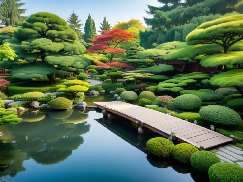 Un jardín japonés sereno con un estanque, puente de madera y casa de té