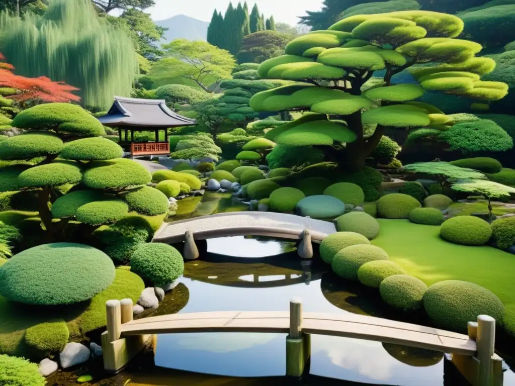 Un jardín japonés sereno con un estanque, rocas cubiertas de musgo y un puente de madera, evocando armonía con la naturaleza