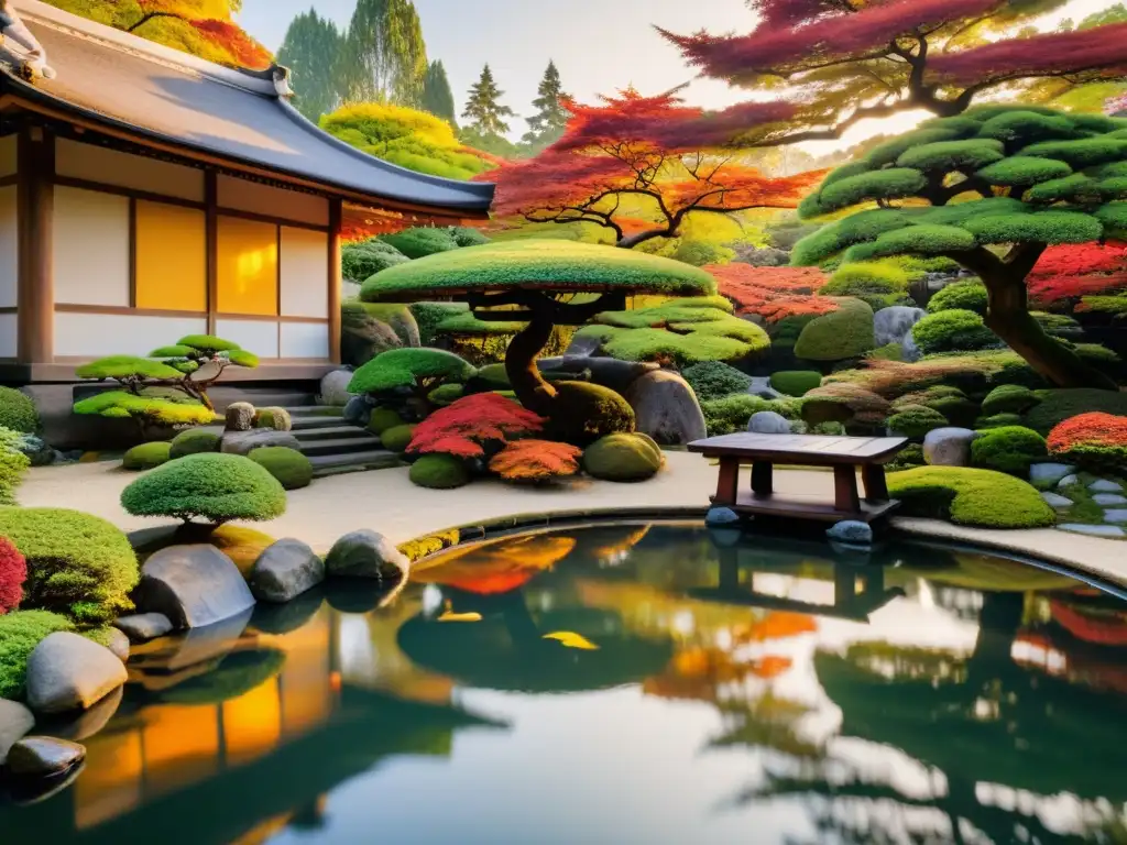 Un jardín japonés sereno y exuberante con árboles bonsái, estanque de carpas koi y casa de té, iluminado por el cálido sol