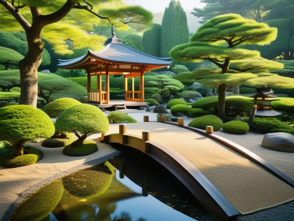 Un jardín japonés sereno y minimalista con un estanque tranquilo, verde exuberante y un puente de madera, creando una atmósfera de retiro zen en Japón