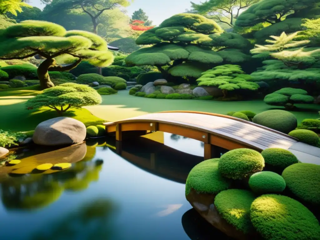 Un jardín japonés sereno con un puente de madera tradicional sobre un estanque, rodeado de exuberante vegetación