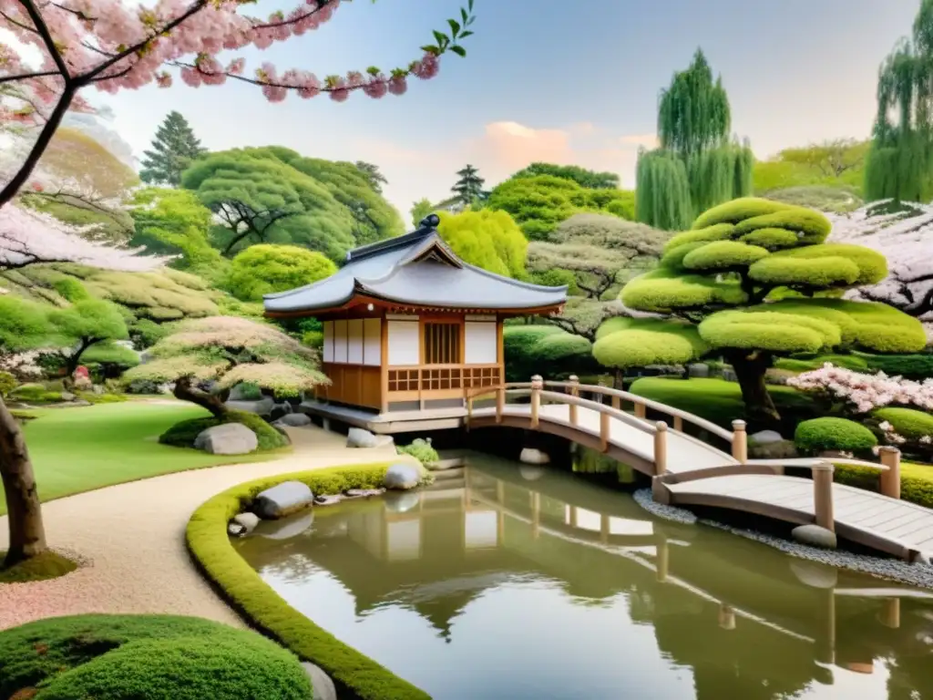 Jardín japonés tranquilo con puentes, árboles en flor y pagoda: Retiros Zen Kárate Japón Ki