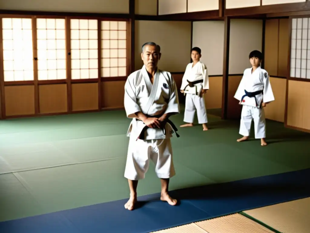 Jigoro Kano en un dojo japonés tradicional, rodeado de estudiantes de judo, reflejando disciplina y respeto