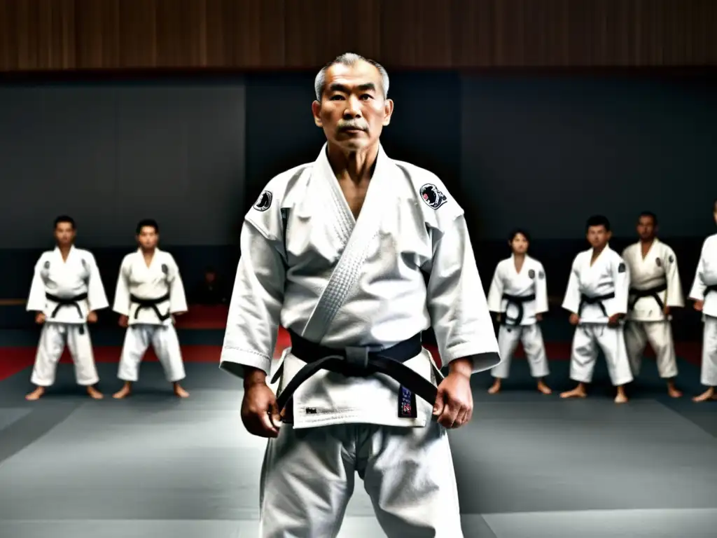 Jigoro Kano, fundador del Judo, rodeado de estudiantes concentrados en un dojo, destila la historia del judo como deporte