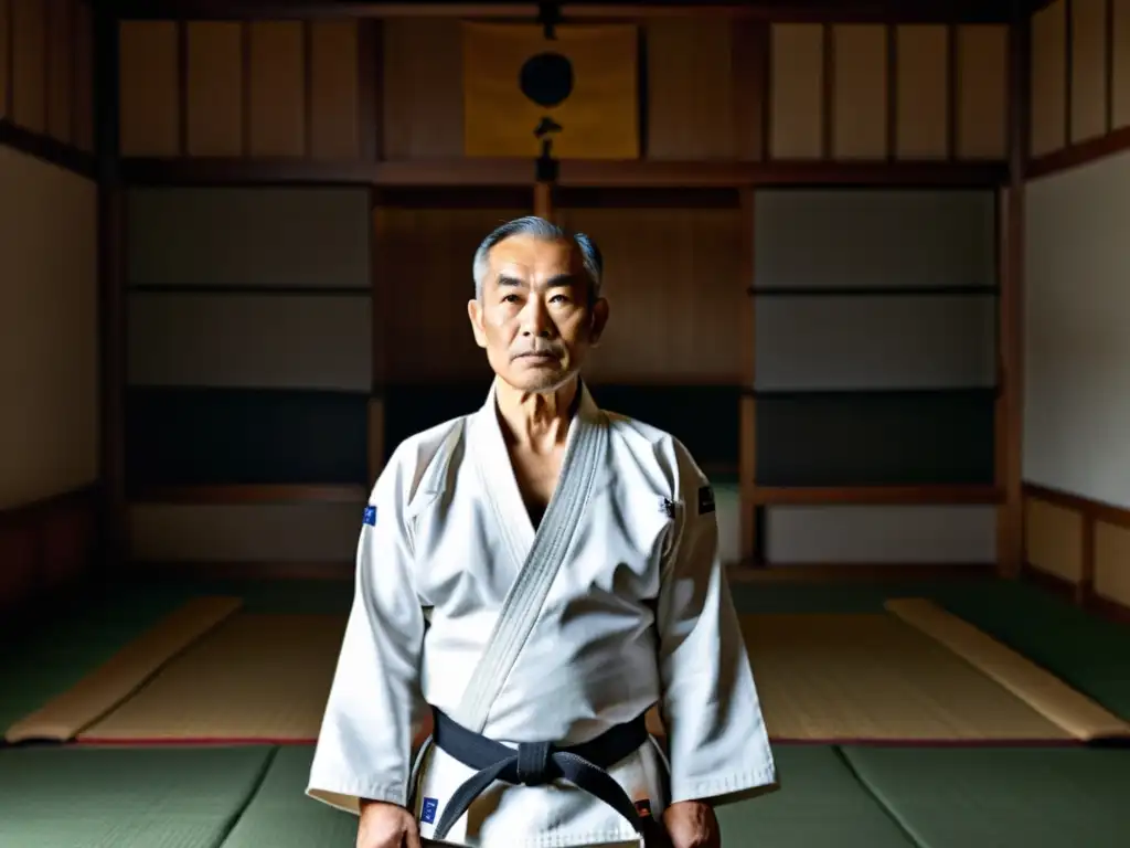 Jigoro Kano, fundador del judo, en un dojo tradicional con ambiente auténtico, mostrando la historia del judo como deporte