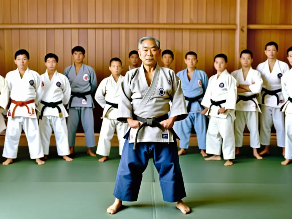 Jigoro Kano demostrando técnicas de Judo con alumnos en un dojo, reflejando disciplina y legado del Judo de Kano